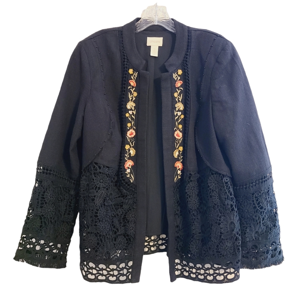 Chico's | Women's Black Embroidered and Lace Blazer (Size 2 or Large)